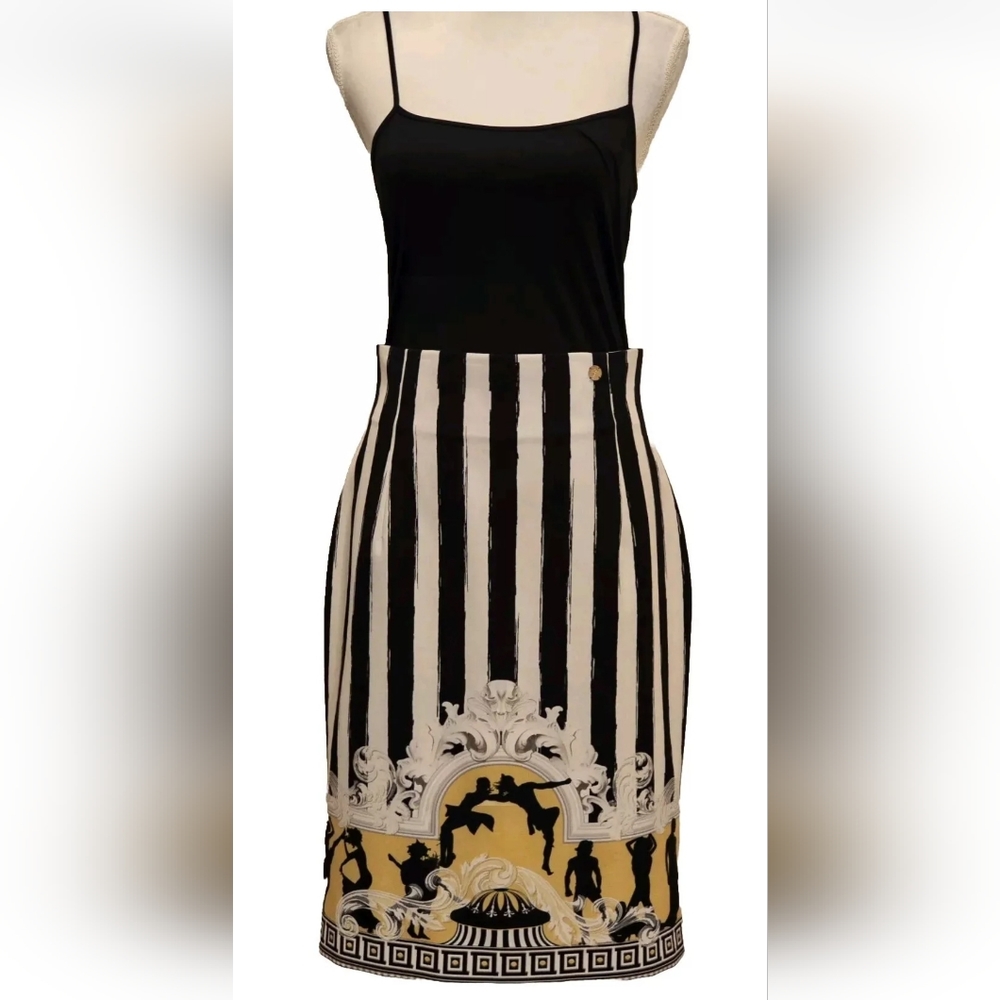 Versace Collection Baroque Greek Key Black Gold Stripe Fully Lined Midi Skirt - Picture 5 of 15